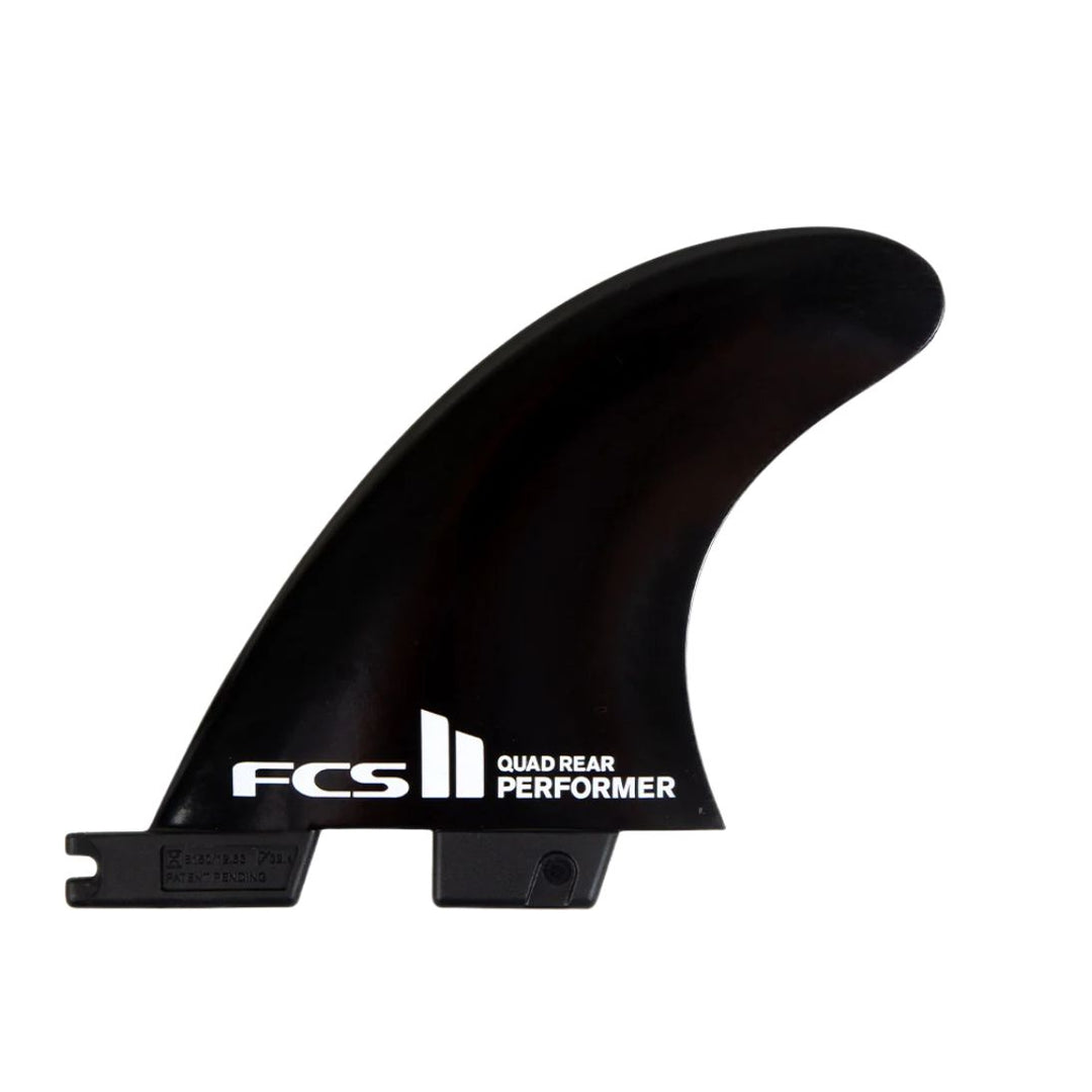black surfboard fin with FCS logo on white background