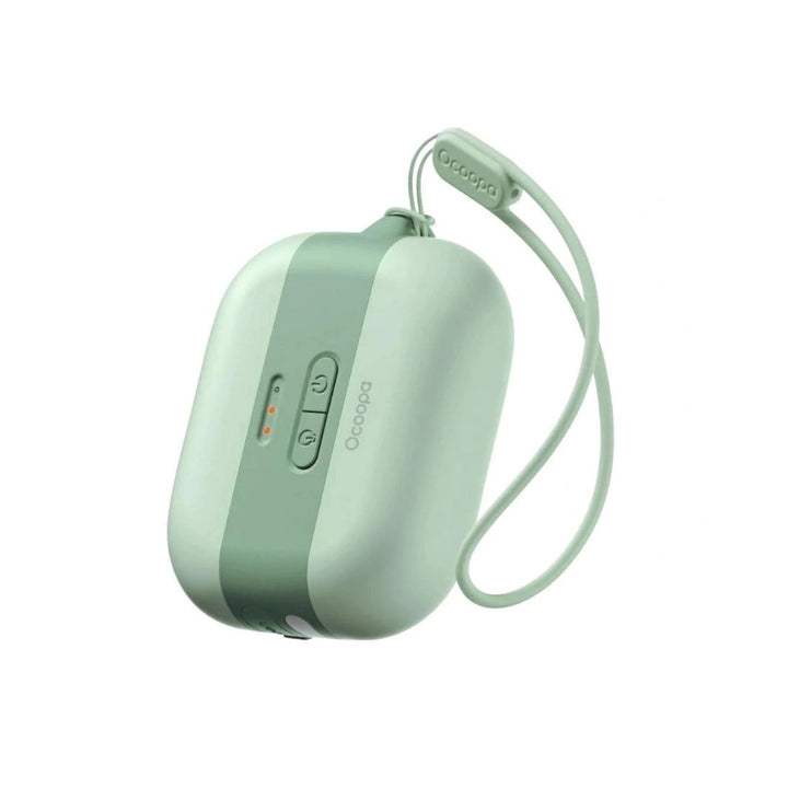 Mint green portable device with a strap on a white background