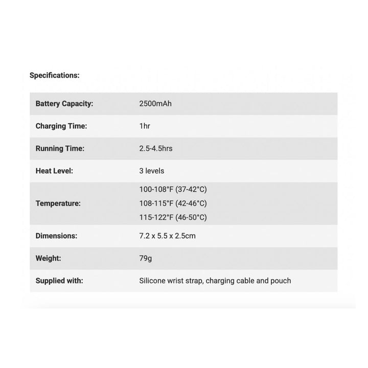 Product specifications table on a white background