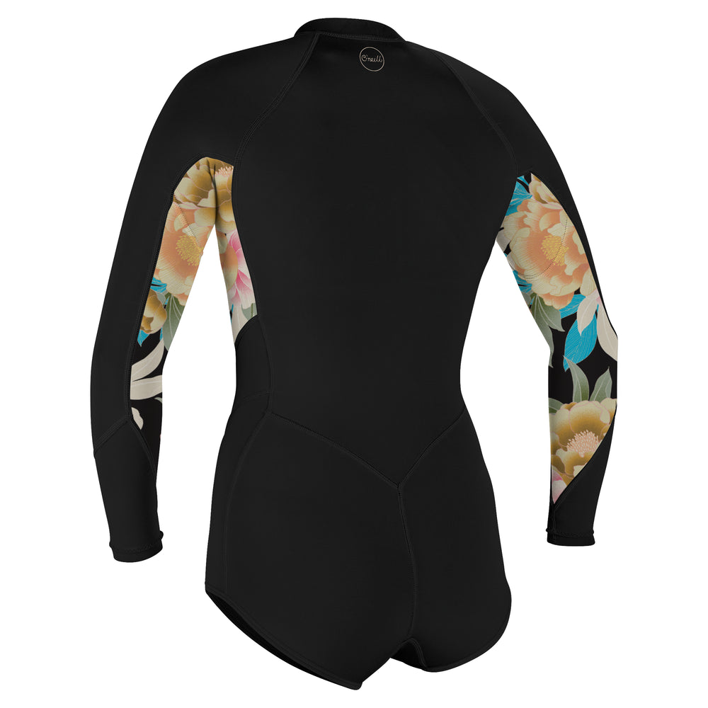 O'Neill Bahia 2mm long-sleeved womens shorty wetsuit in black with floral patterns on the sleeves and a front zip design. View of the back.
