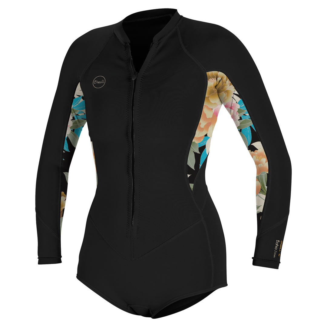 O'Neill Bahia 2mm long-sleeved womens shorty wetsuit in black with floral patterns on the sleeves and a front zip design.