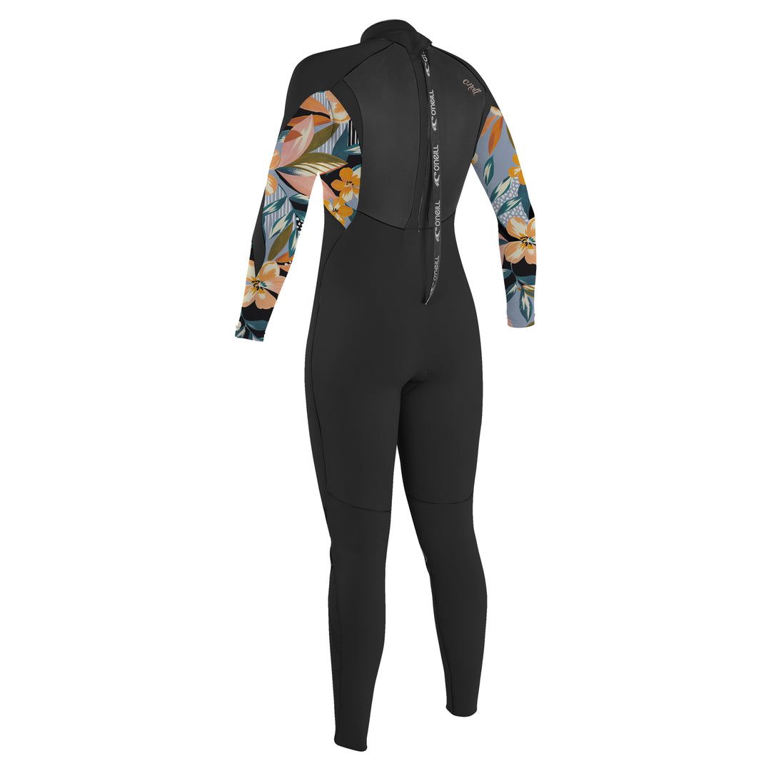 A black and floral O'Neill women's back zip wetsuit with long sleeves, designed for watersports. Back View.