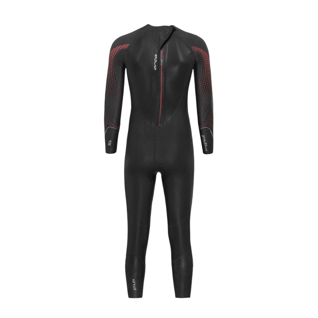 A black Orca Athlex Float V2 Triathlon Swimming Mens Wetsuit with red detailing on the sleeves. View of the back.