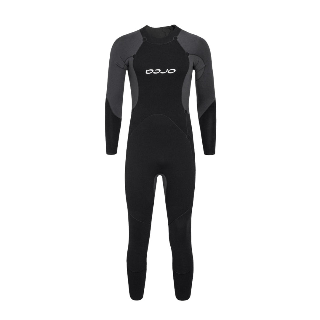 A black Orca Athlex Float V2 Triathlon Swimming Mens Wetsuit with red detailing on the sleeves. Front view of the inside.