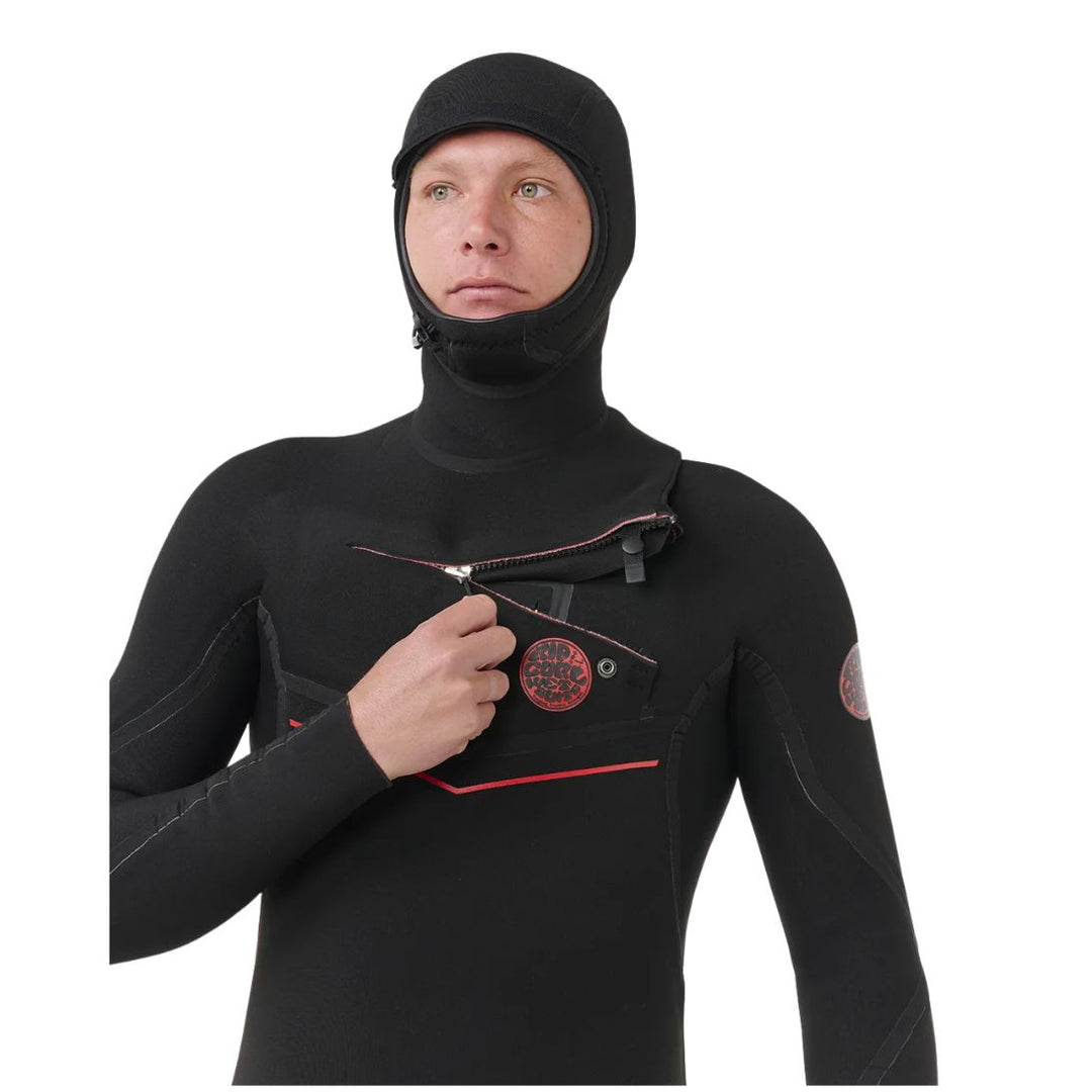 Person wearing a black wetsuit with a hood on a white background