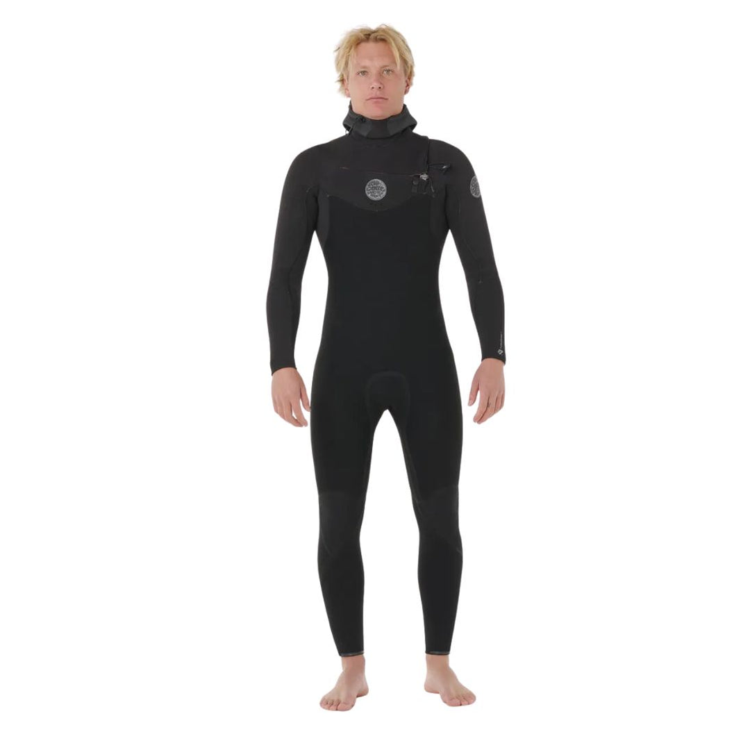 Person wearing a black wetsuit on a white background