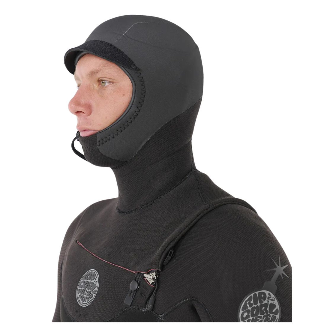 Person wearing a black wetsuit with a hood on a white background