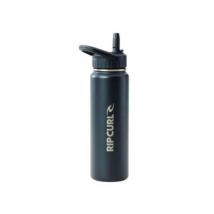 Black water bottle with Rip Curl logo on a white background