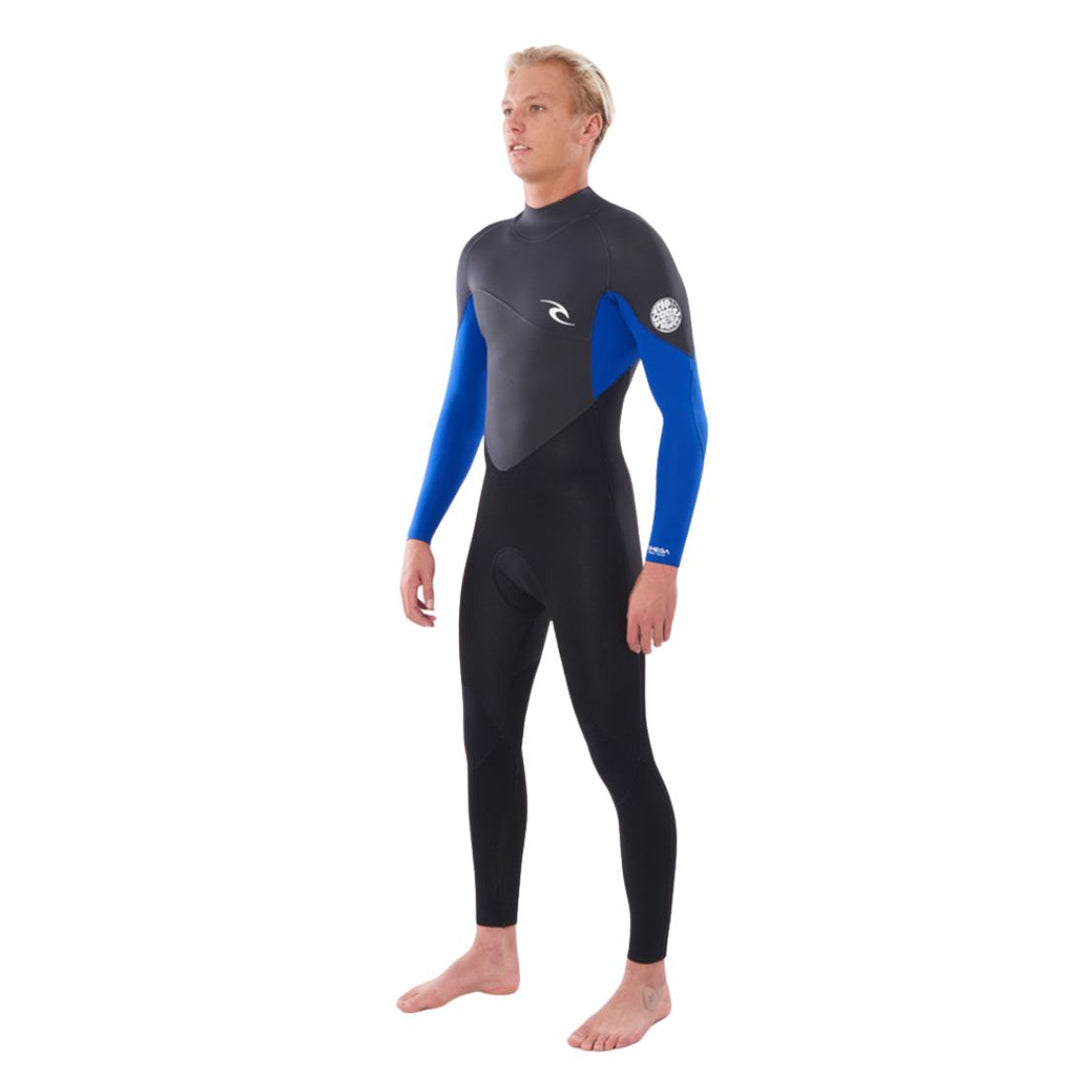 Studio Photo of Rip Curl Mens Omega 5/3 Backzip Wetsuit with blue detailing on the sleeves. Front view.