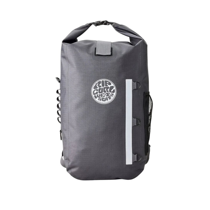 Gray backpack with a brand logo on a white background