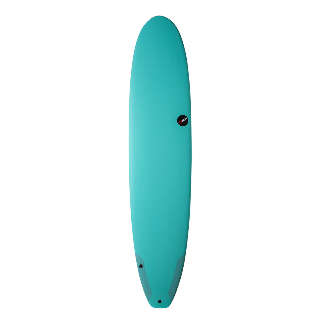 A top view of 9ft long mint green longboard surfboard