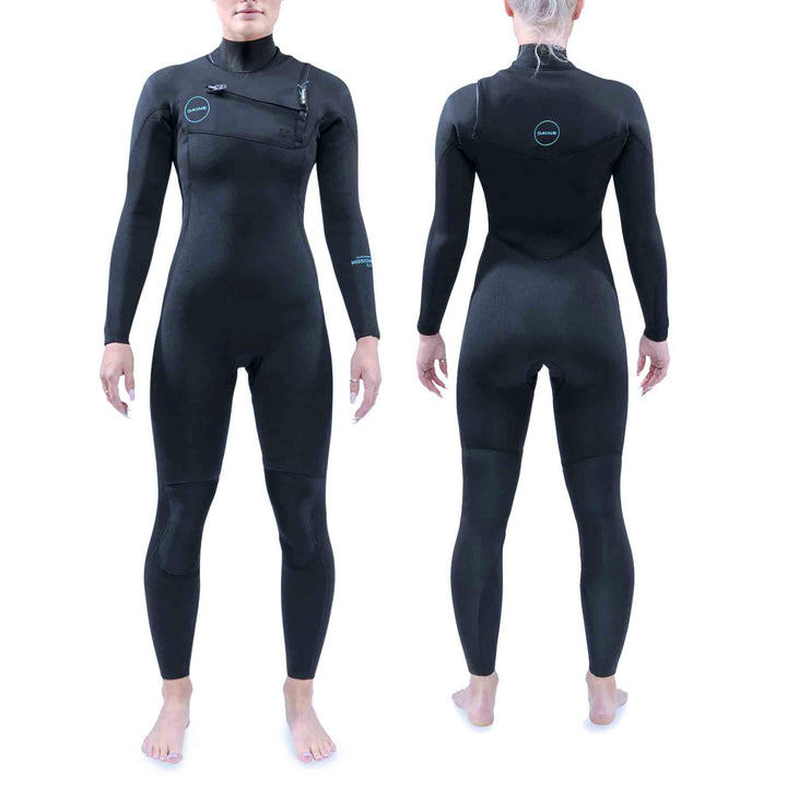 A woman is wearing a black Dakine Mission chest zip womens wetsuit with blue detailing. Views of the front and back of the wetsuit