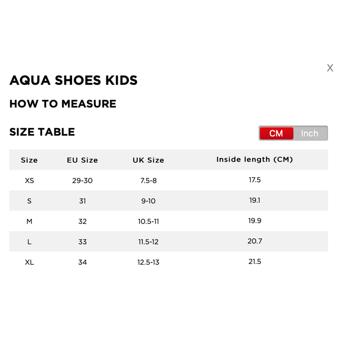 Size Chart of Jobe Kids Water Shoes