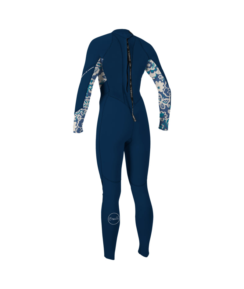 A navy-coloured O'Neill Bahia 3/2mm Back Zip Wetsuit for women with floral patterns on the sleeves, designed for full-length coverage. Back view.