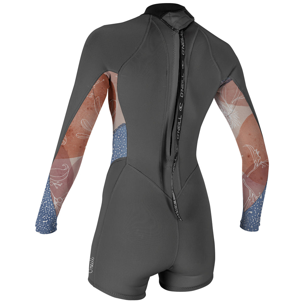 O'Neill Bahia 2/1mm Long Sleeved, Back Zip Womens Shorty Wetsuit featuring a combination of solid black body and patterned print design. View of the back.