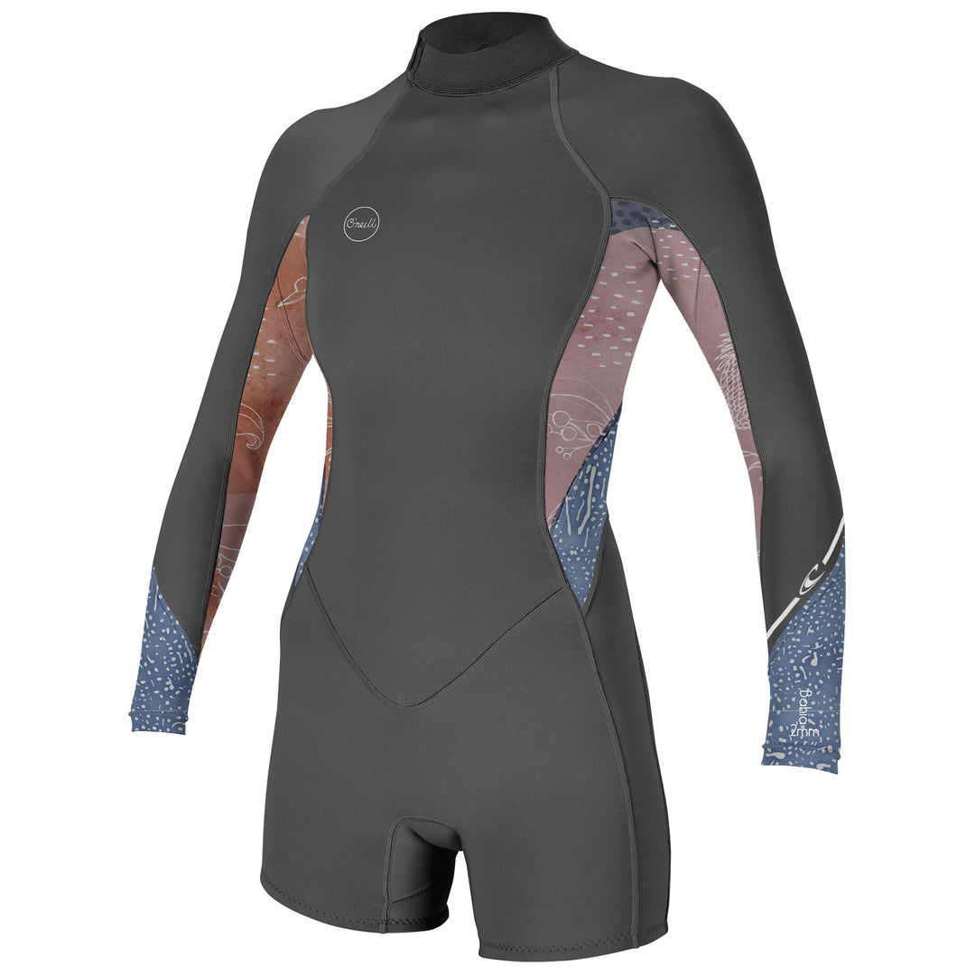O'Neill Bahia 2/1mm Long Sleeved, Back Zip Womens Shorty Wetsuit featuring a combination of solid black body and patterned print design on the sleeves.