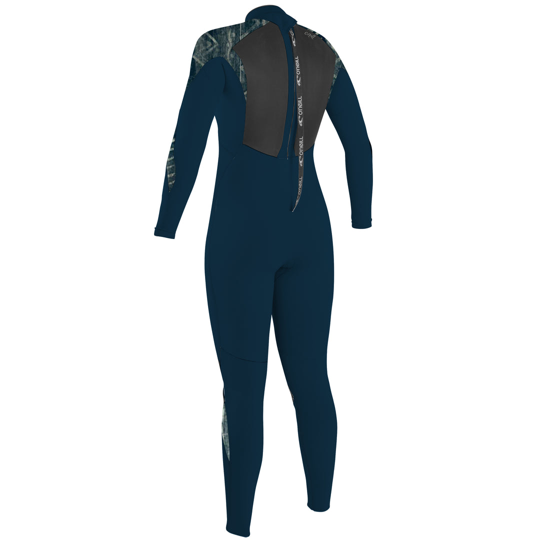 Navy and grey O'Neill women's back zip wetsuit with long grey patterned sleeves, designed for watersports. Back View.