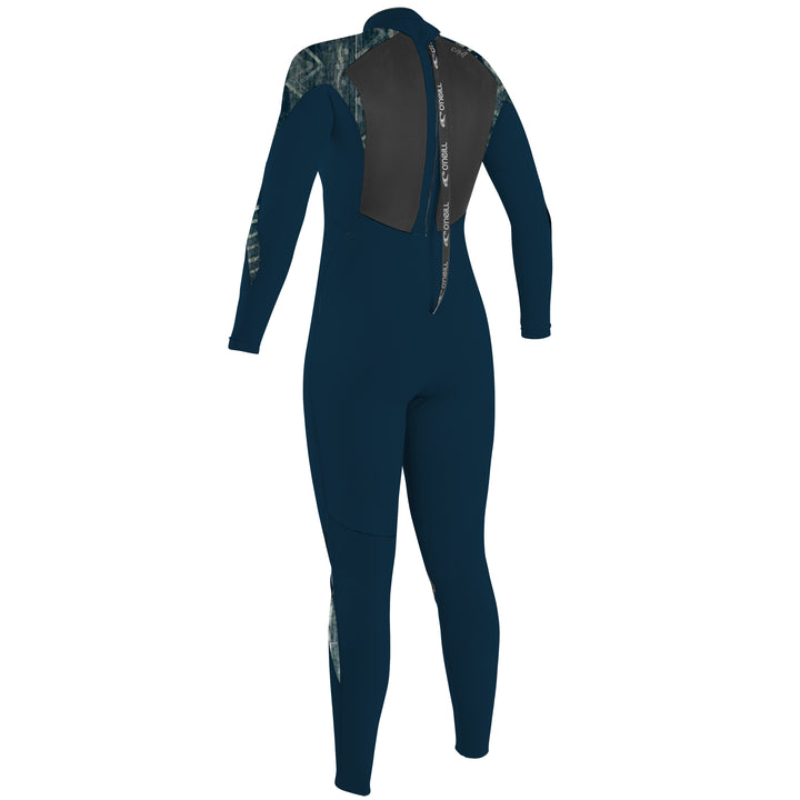 Navy and grey O'Neill women's back zip wetsuit with long grey patterned sleeves, designed for watersports. Back View.