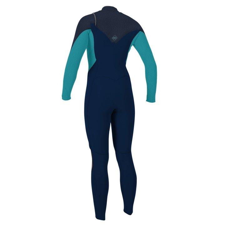 A grey, blue, and green O'Neill Hyperfreak çhest zip womens wetsuit with full coverage. View of back.