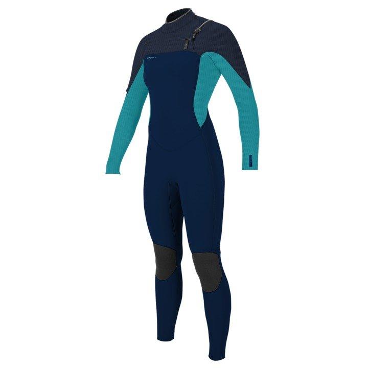 A grey, blue, and green O'Neill Hyperfreak chest zip womens wetsuit with full coverage.