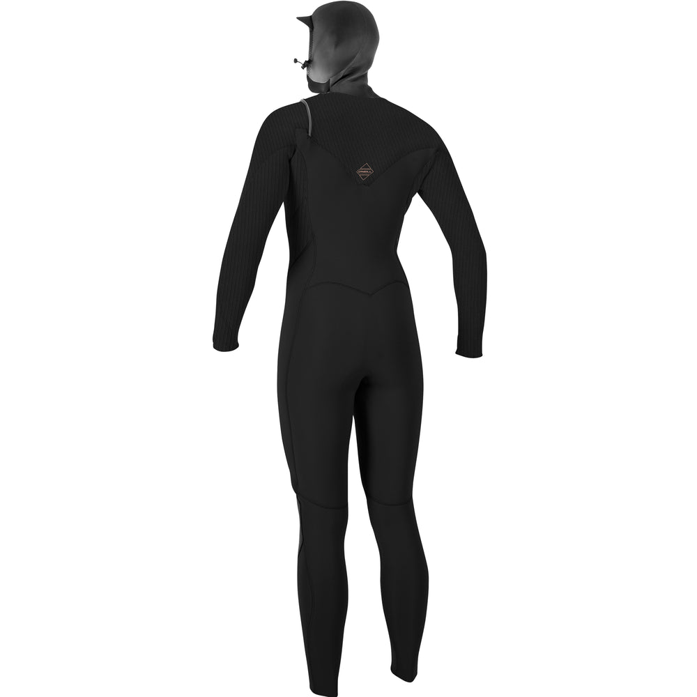 Black O'Neill Hyperfreak chest zip womens hooded wetsuit, featuring long sleeves and designed for water sports. View of the back.