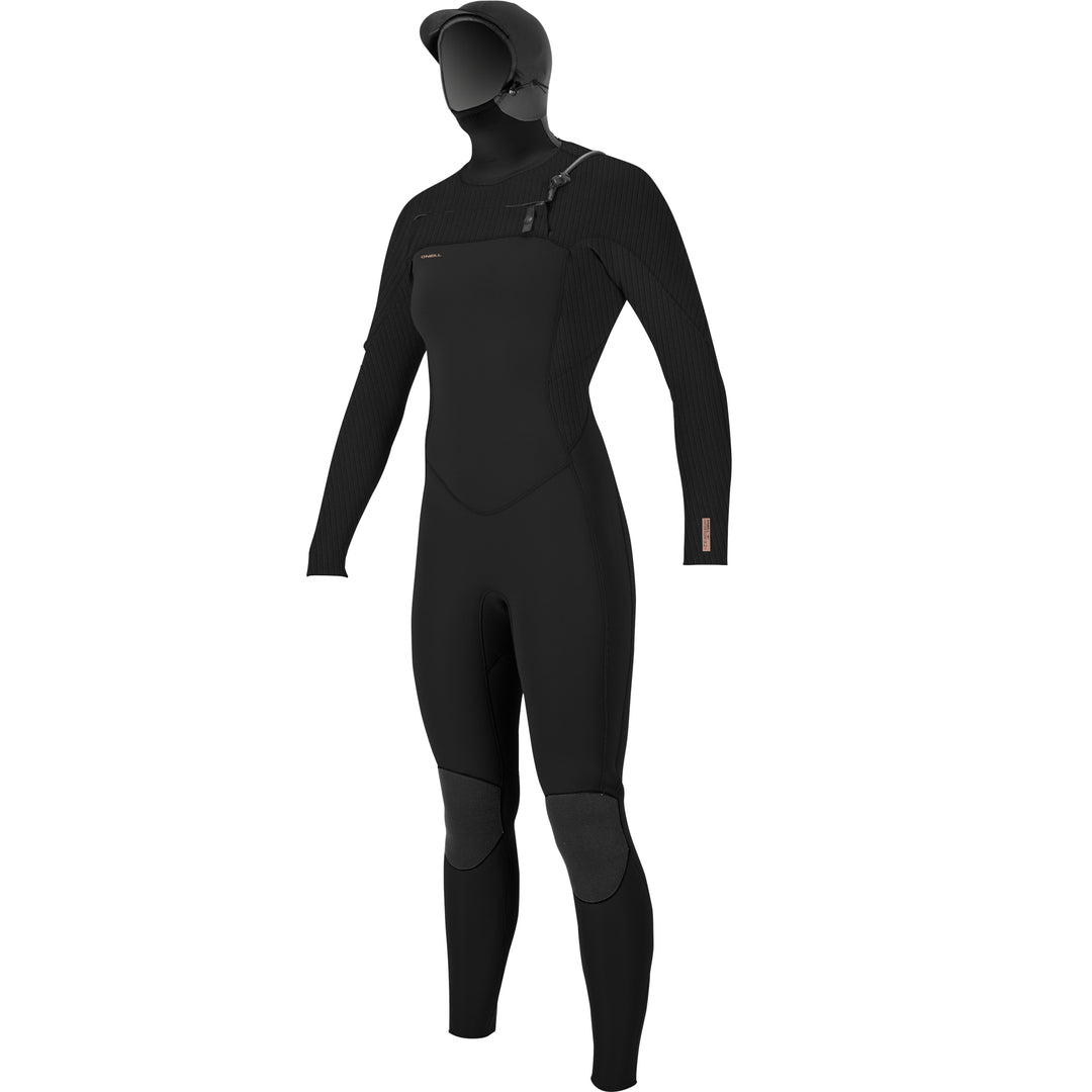 Black O'Neill Hyperfreak chest zip womens hooded wetsuit, featuring long sleeves and designed for water sports.