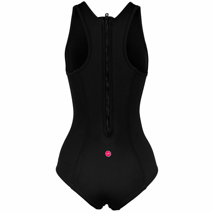 Product photo of an Orca neoprene one piece swimsuit back view showing zip. 