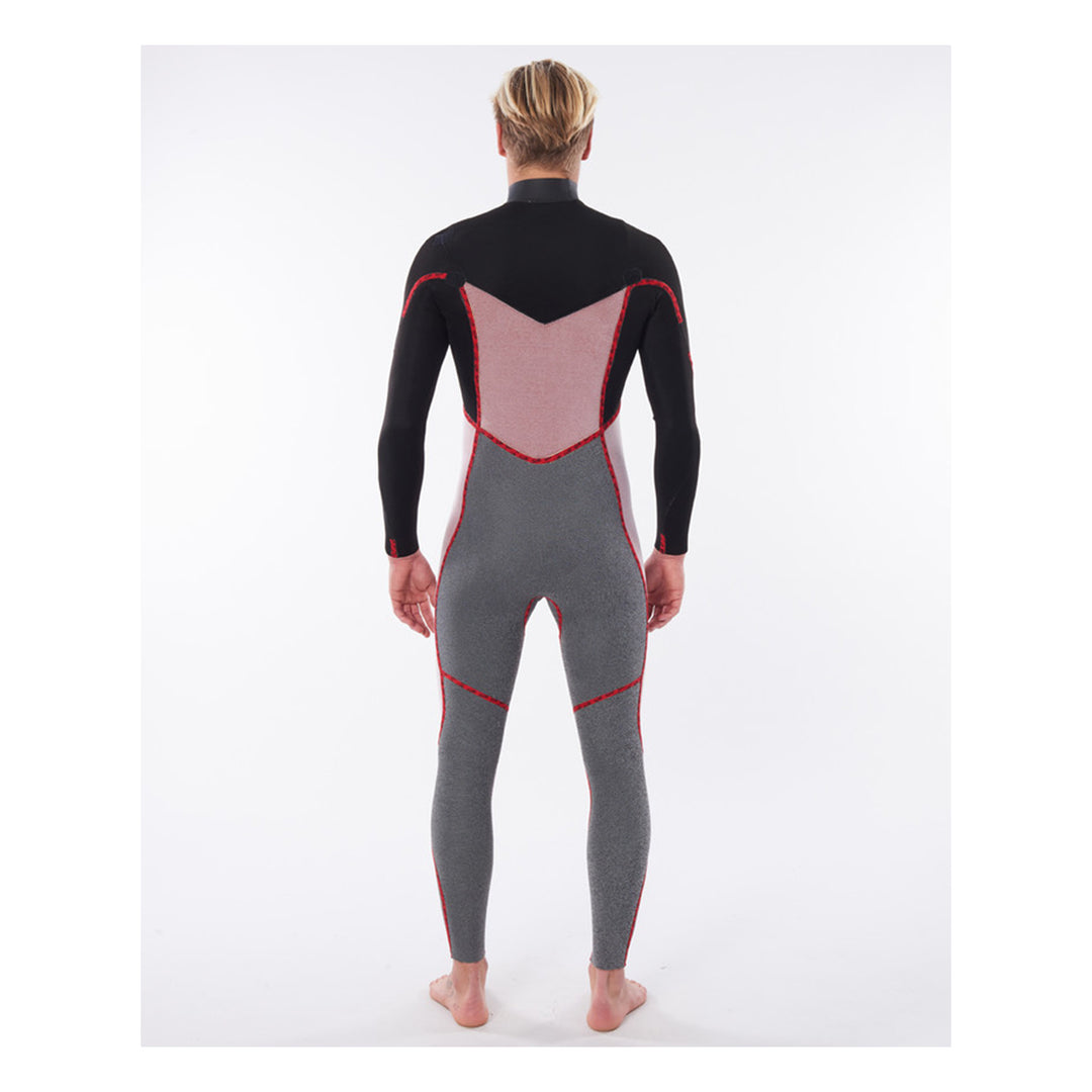 A male model wearing a black mens dawn patrol 5/3mm chest zip wetsuit inside out. View of the back