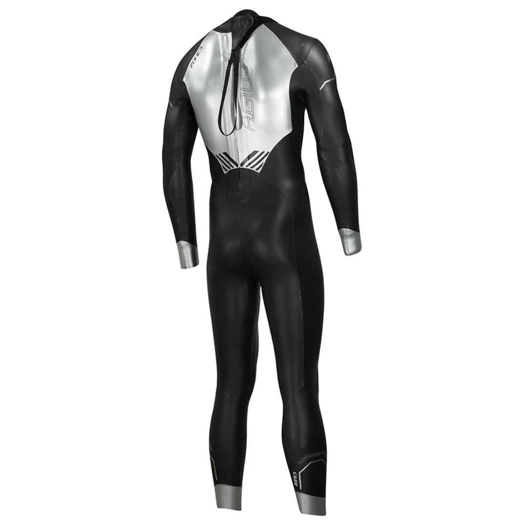 A black Zone3 open water swimming mens wetsuit with white and gray detailing. View of the front.