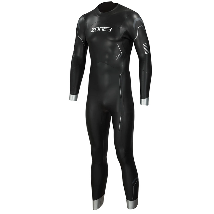 A black Zone3 open water swimming mens wetsuit with white and gray detailing. View of the front.
