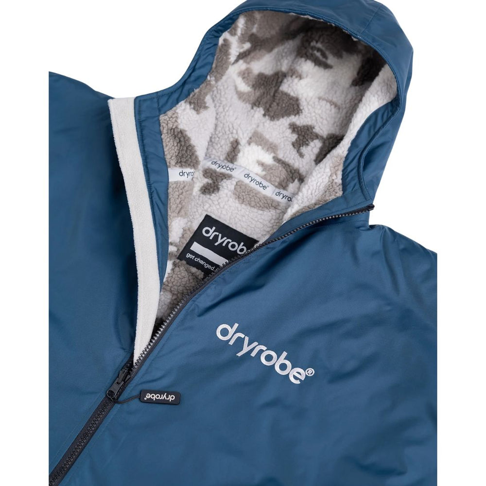 Blue dryrobe jacket with camouflage lining on a white background