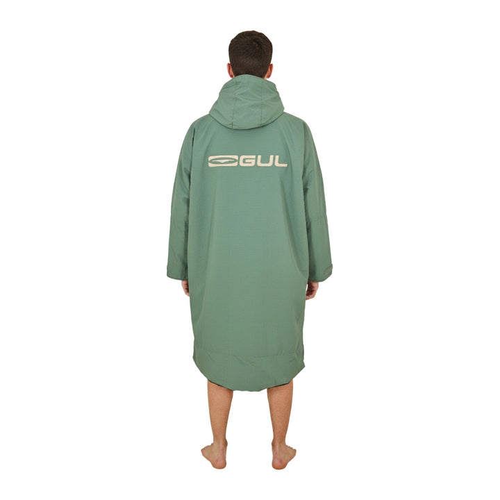 Gul Revorobe changing robe in green/taupe, back view with Gul logo