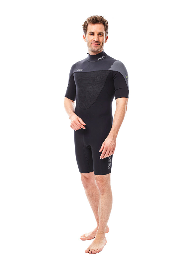 Male model wearing Jobe Perth 3mm Mens Shorty Wetsuit with a back zip entry. View of the front