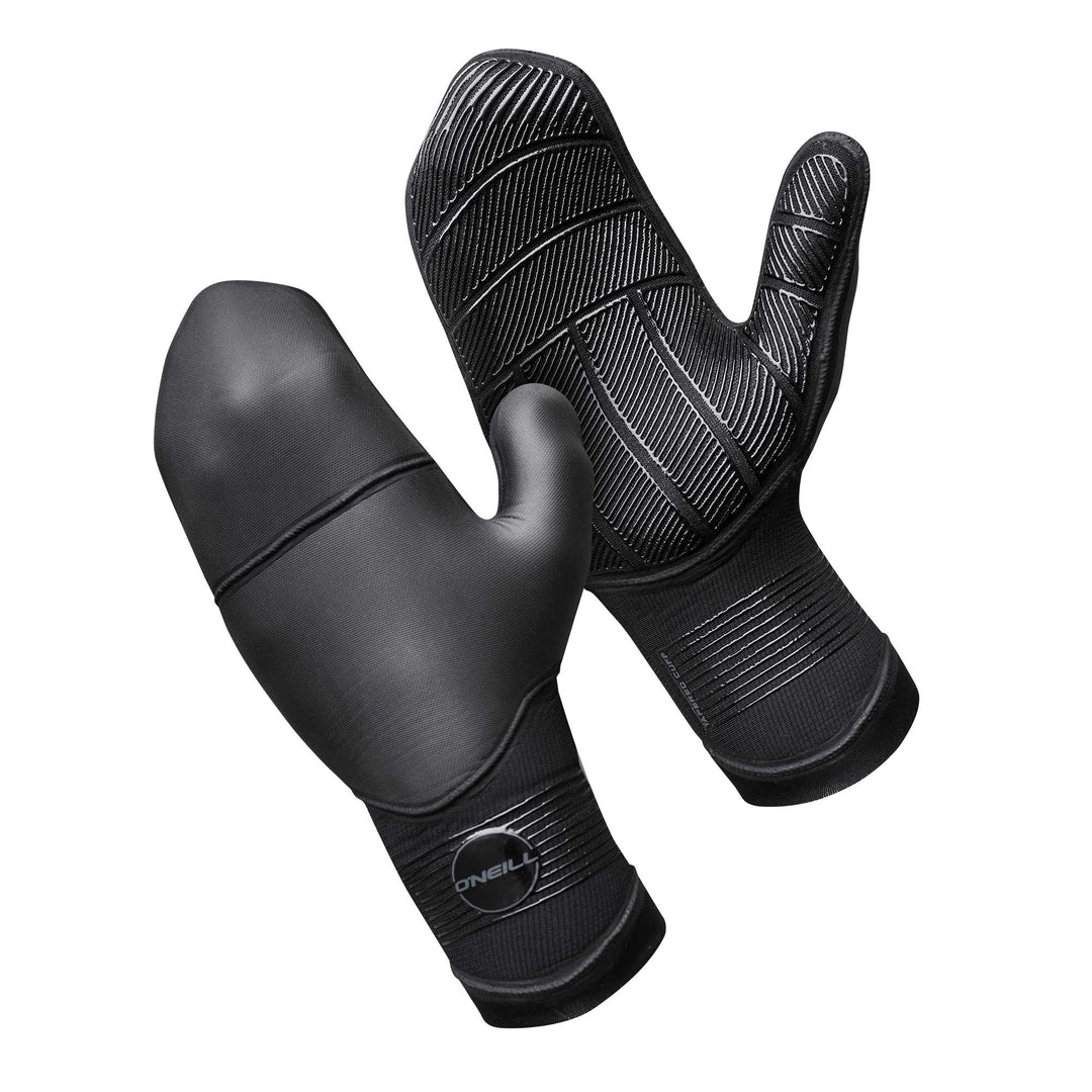 Pair of black surfing mittens with a visible brand logo on a white background