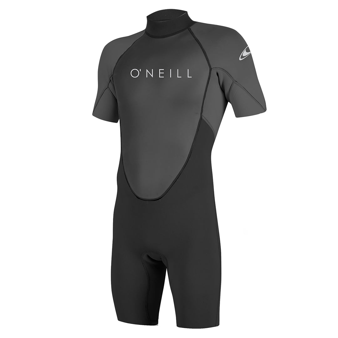 O'Neill Reactor II 2mm black and grey mens shorty wetsuit with O'Neill branding.  Front view. 