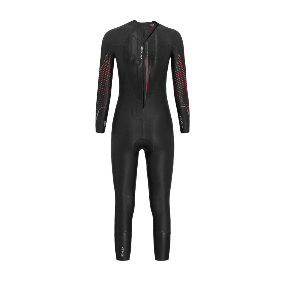 A black Orca womens wetsuit designed for women, featuring long sleeves with a solid pattern. View of the back. 