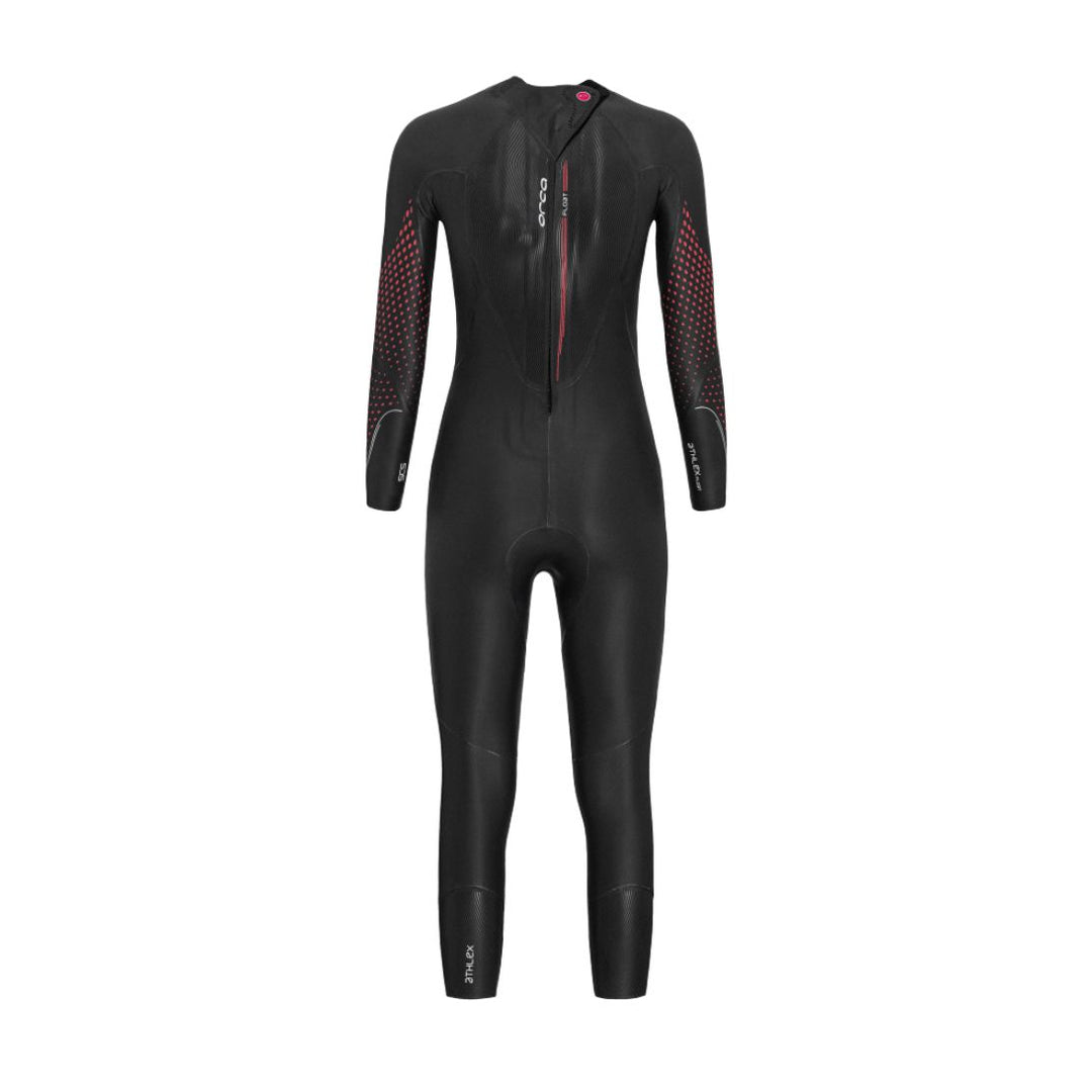 A black Orca womens wetsuit designed for women, featuring long sleeves with a solid pattern. View of the back. 
