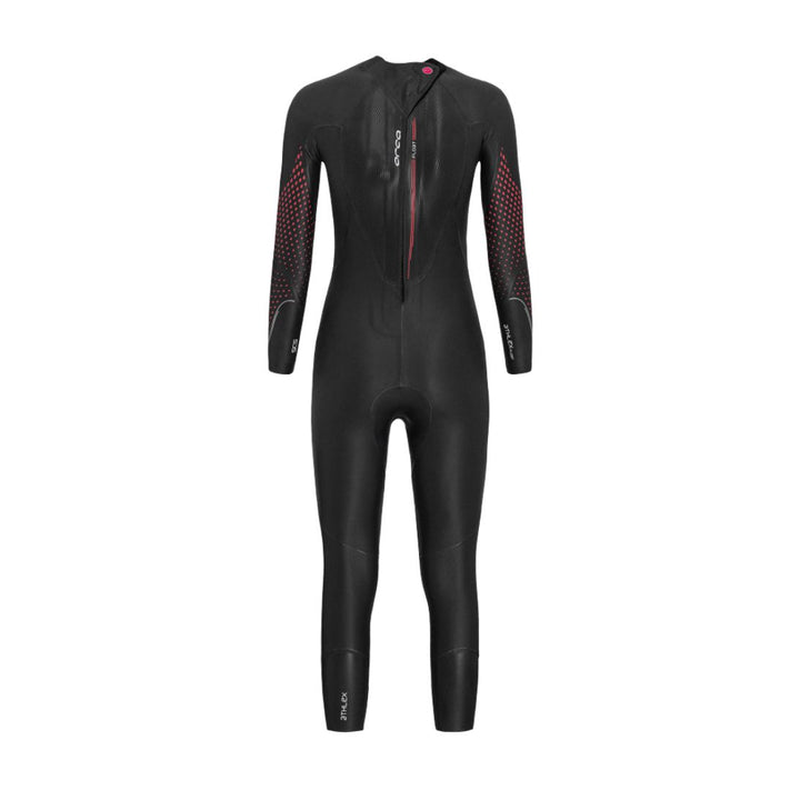 A black Orca womens wetsuit designed for women, featuring long sleeves with a solid pattern. View of the back. 