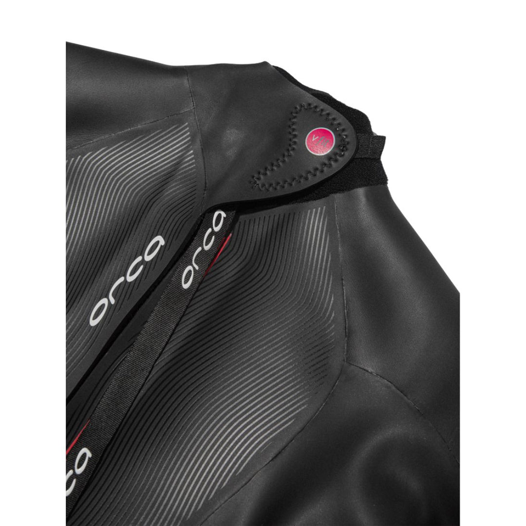 Close up of Orca logo on Orca Athlex Float V2 triathlon swimming womens wetsuit