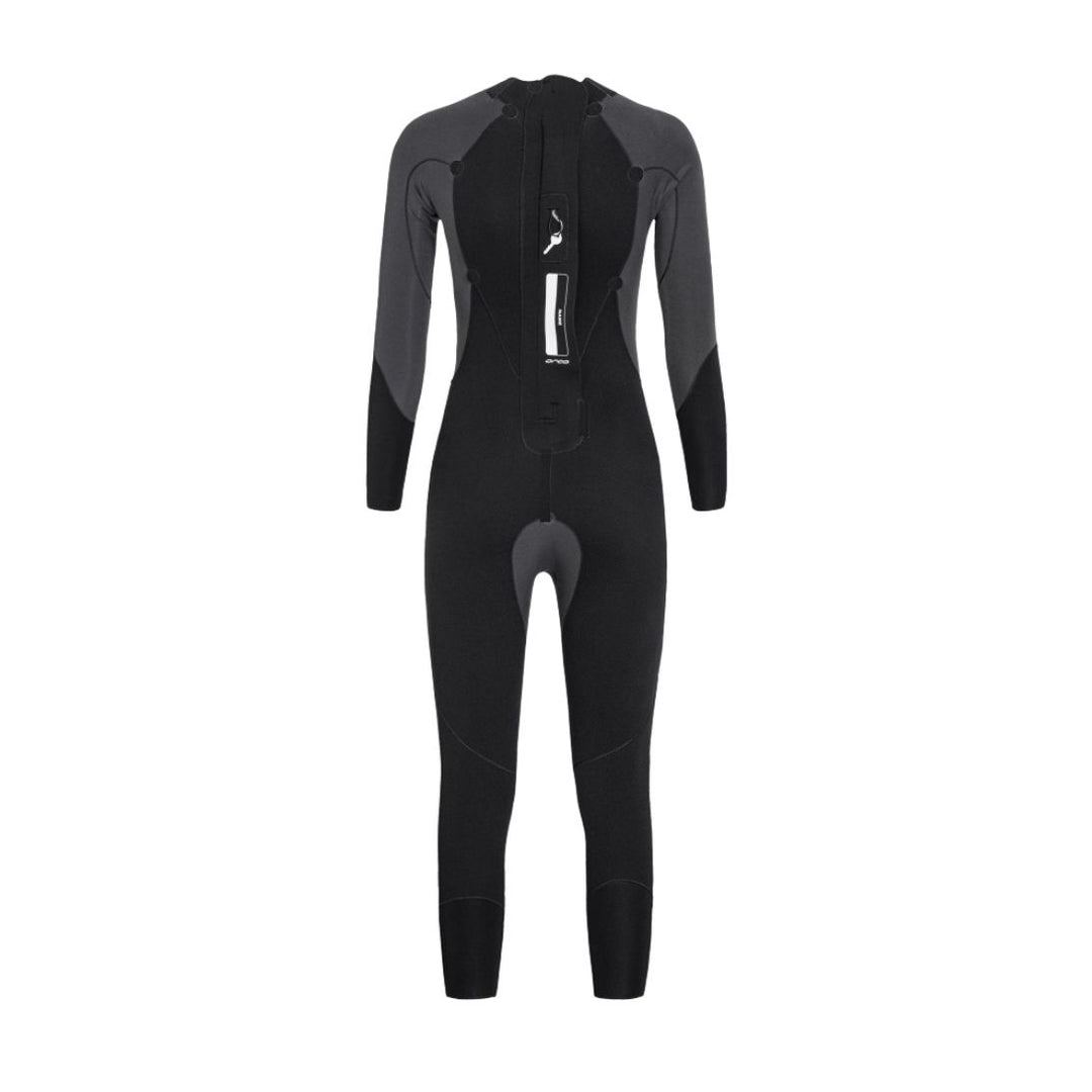 A black Orca womens wetsuit designed for women, featuring long sleeves with a solid pattern. Inside out view of the back.