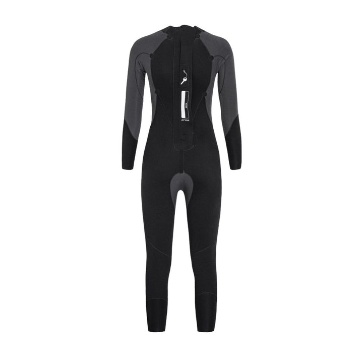 A black Orca womens wetsuit designed for women, featuring long sleeves with a solid pattern. Inside out view of the back.