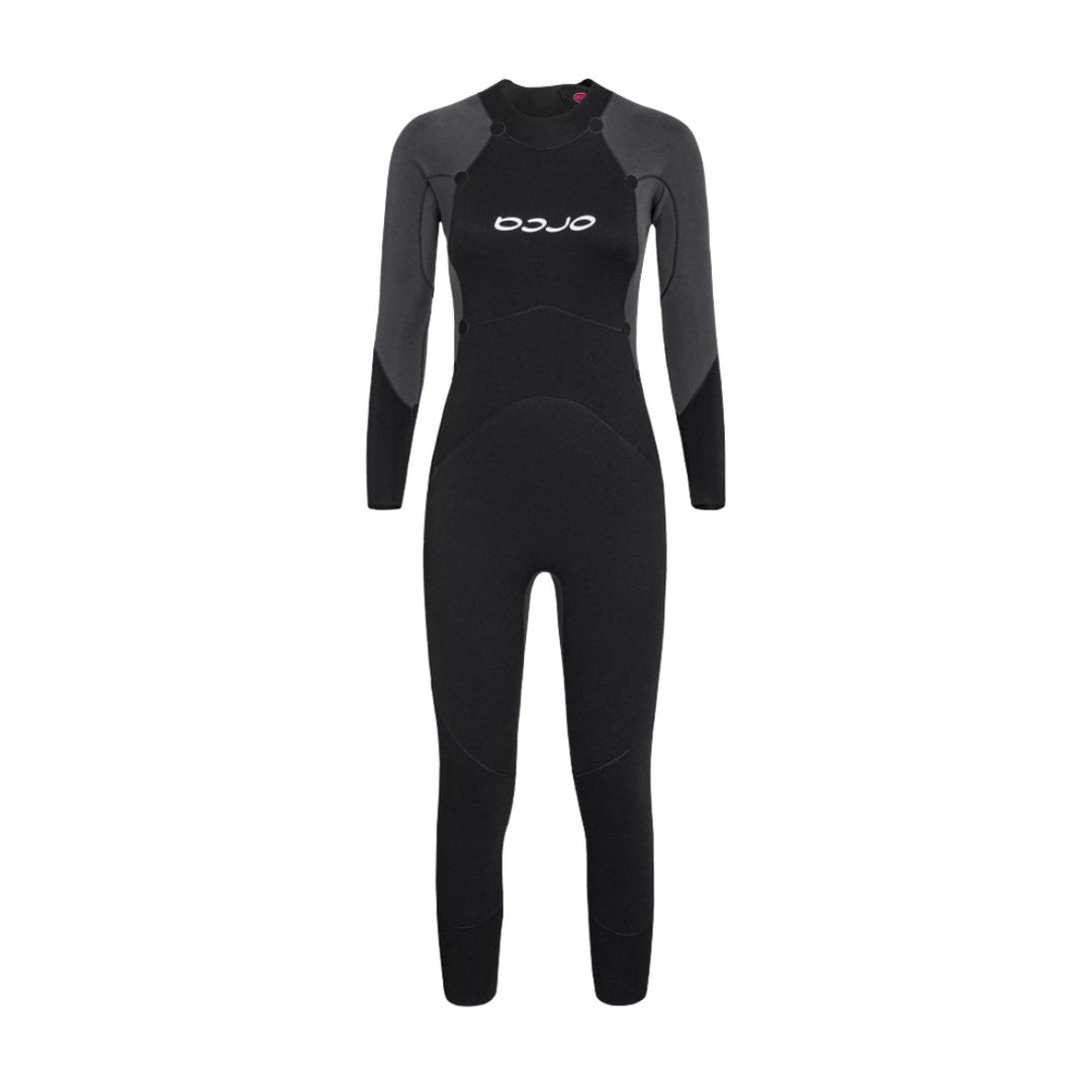 A black Orca womens wetsuit designed for women, featuring long sleeves with a solid pattern. Inside out view of the front