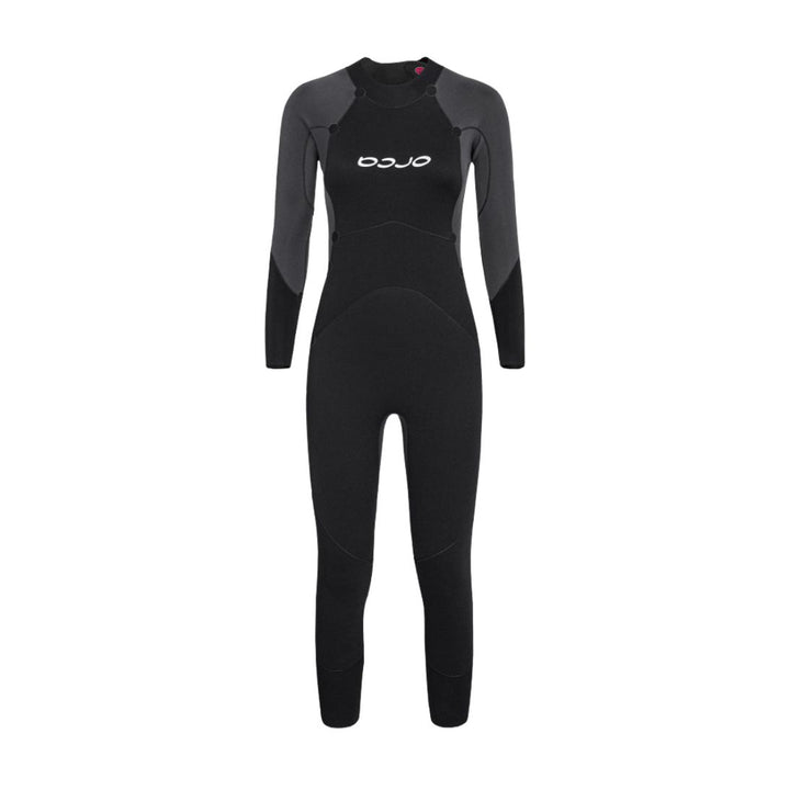 A black Orca womens wetsuit designed for women, featuring long sleeves with a solid pattern. Inside out view of the front
