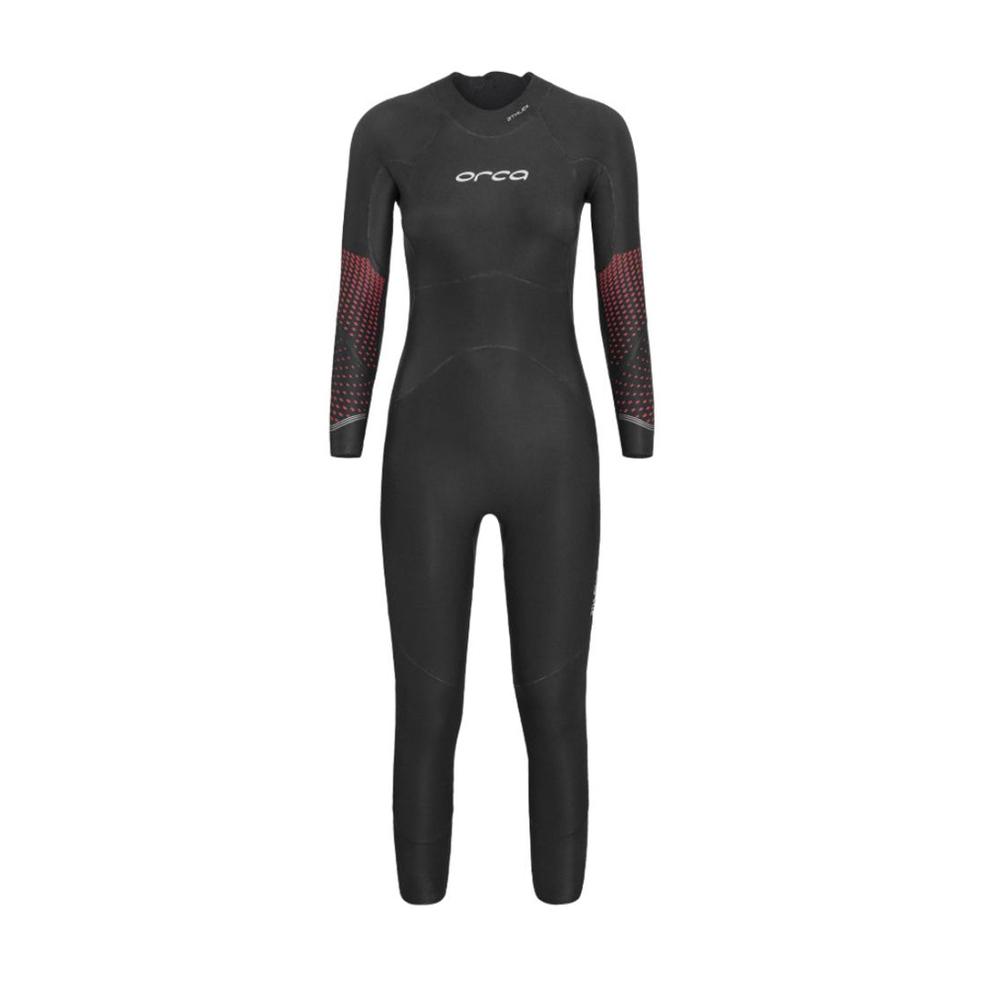 A black Orca womens wetsuit designed for women, featuring long sleeves with a solid pattern.