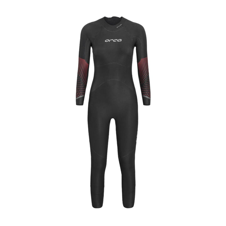 A black Orca womens wetsuit designed for women, featuring long sleeves with a solid pattern.