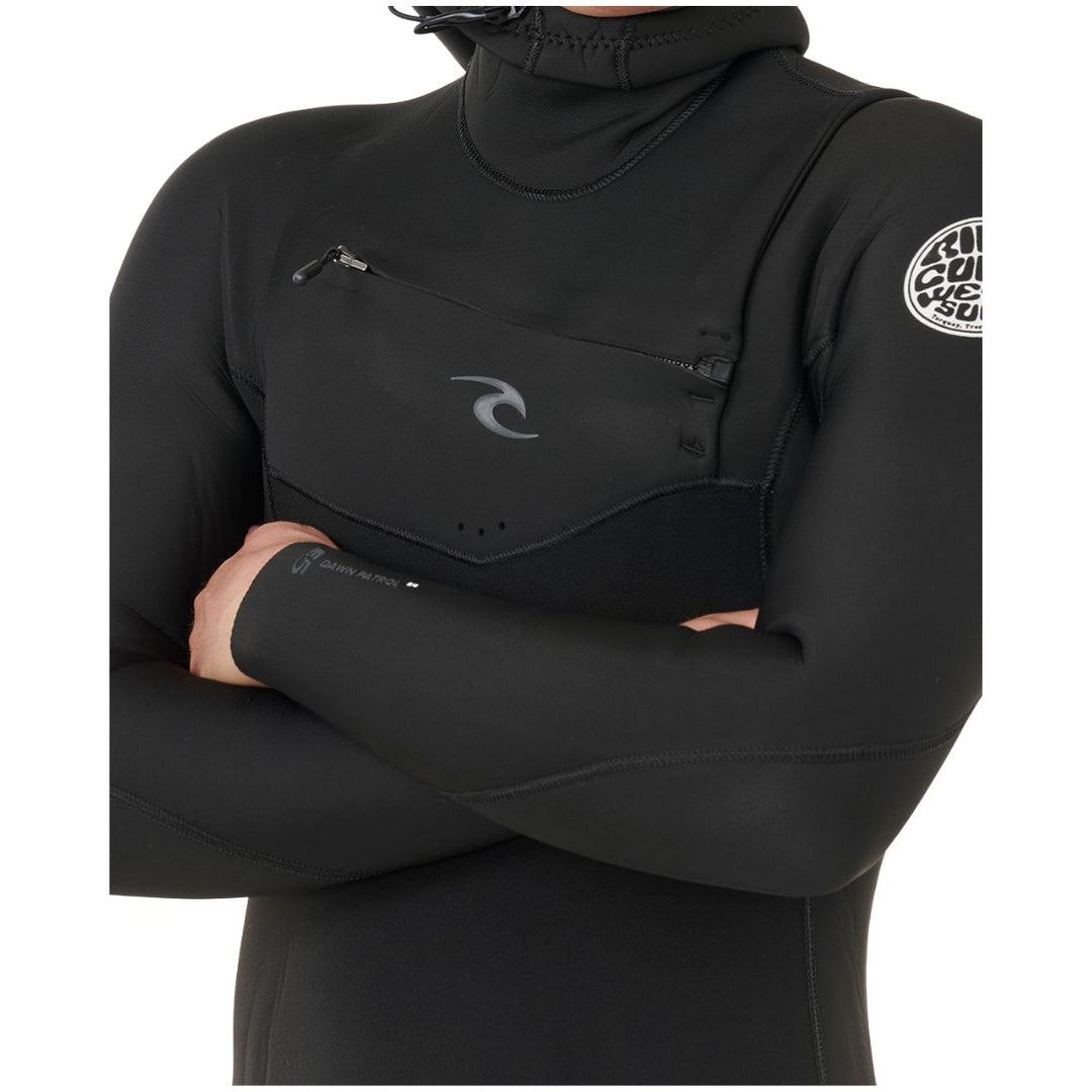 Black wetsuit with brand logo on sleeve against a white background