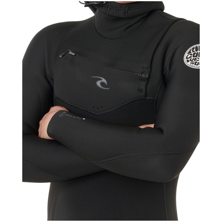 Black wetsuit with brand logo on sleeve against a white background