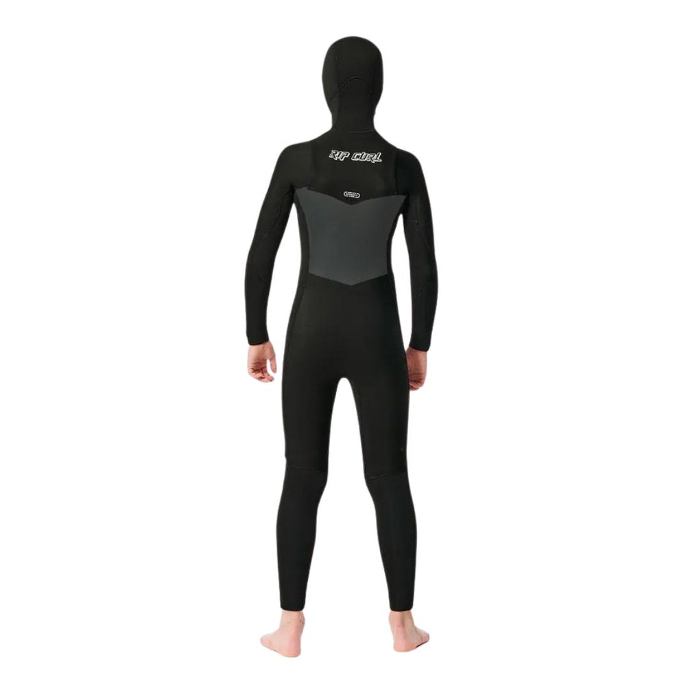 Child model wearing black Rip Curl Dawn Patrol 5/4mm Kids Hooded Wetsuit made from Yulex. Back View. 