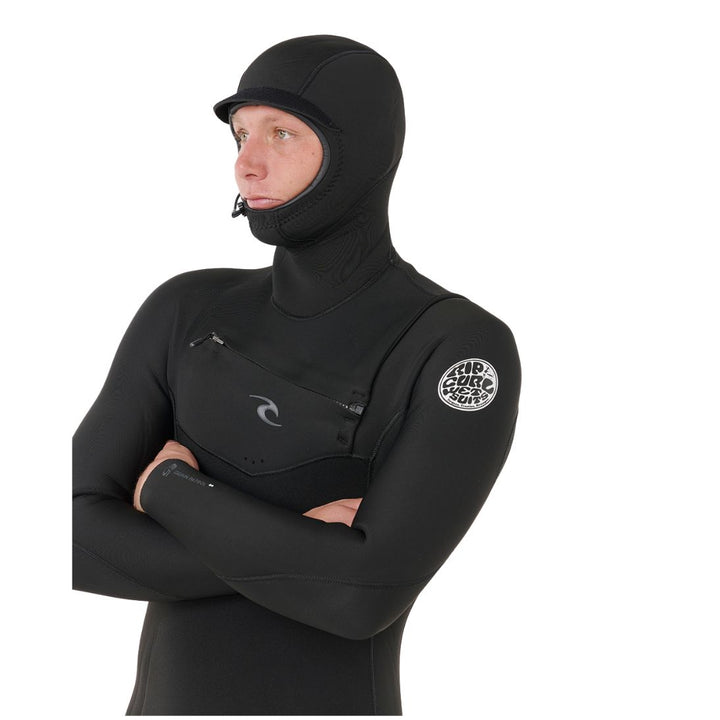 Person wearing a black wetsuit on white background