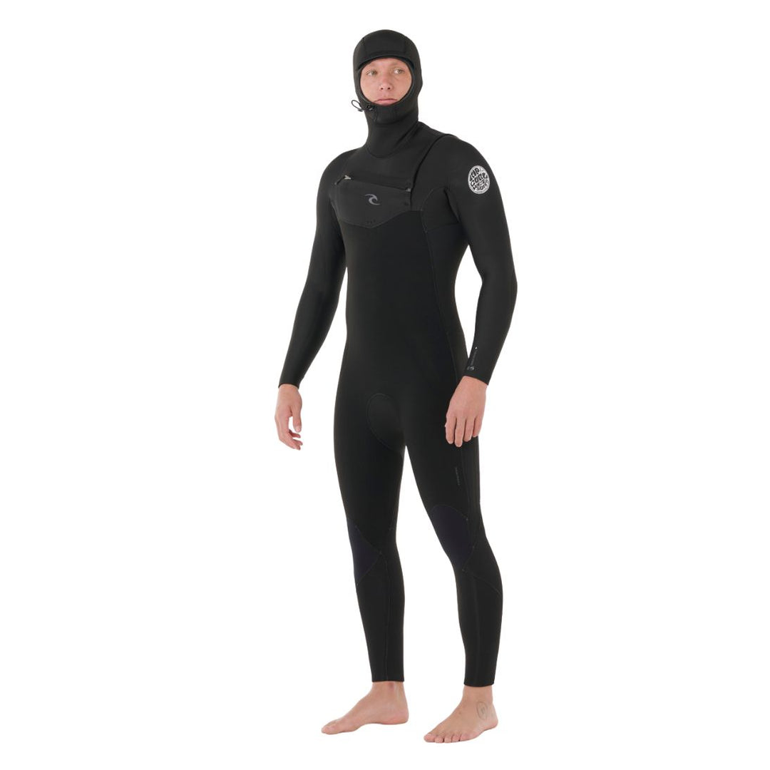 Person wearing a black wetsuit on white background